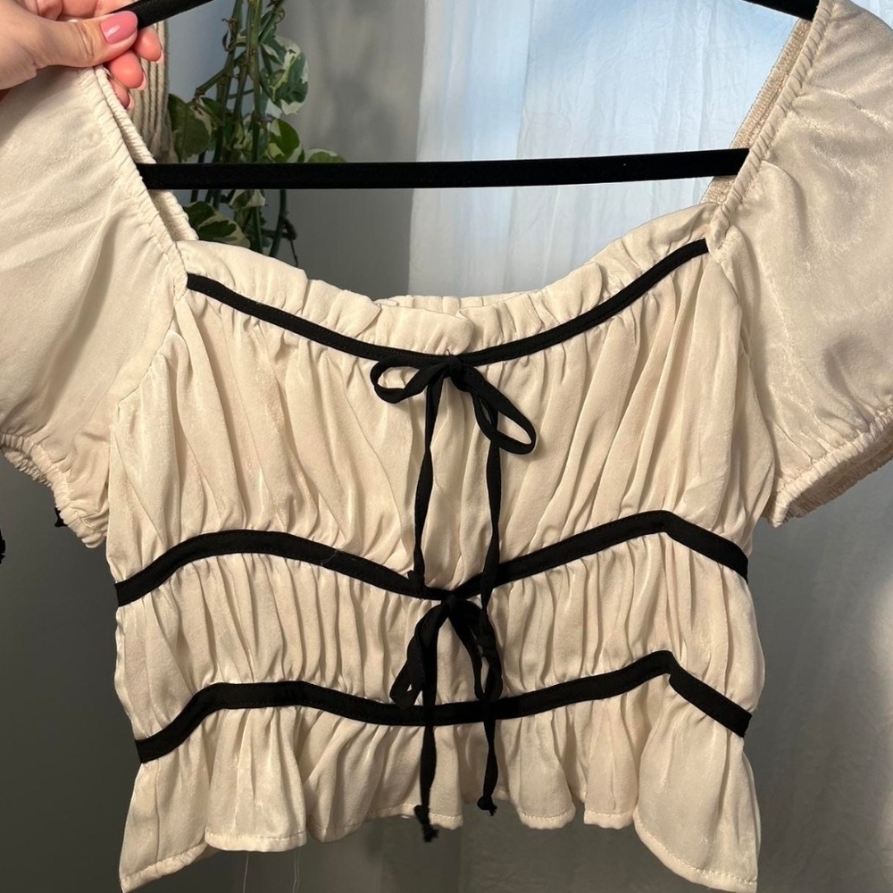 Cream Blouse with Black Trim And Bows